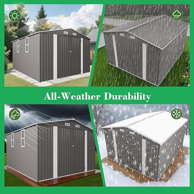 10x12 FT Outdoor Storage Shed, Large Metal Garden Shed with Double Door Two Window Waterproof Tool Shed for Backyard Patio Lawn Poolside, Grey