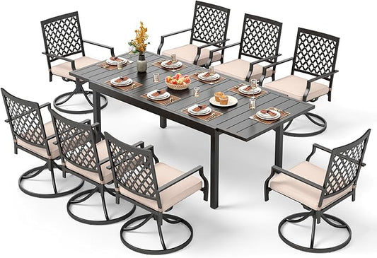 PHI VILLA 9 Pieces Outdoor Dining Set, Expandable Metal Table (64"-82") and 8 Swivel Dining Chairs – Perfect for Patio, Garden, Deck, Porch, and Yard, 9PCS Outdoor Dining Set Style 2