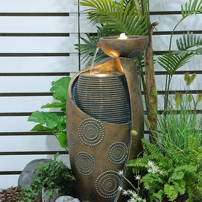 Vase Outdoor Water Fountain, 31.4''H Jar Waterfall Fountain with Warm LED Lights&Durable Pump for Yard, Porches, Home Décor,Garden,Office