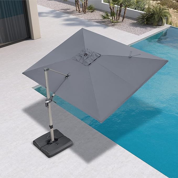 PURPLE LEAF 9' X 11.5' Patio Umbrella, Rectangle Outdoor Cantilever Umbrella, Aluminum Offset Umbrella with Champagne Frame and 360° Rotation for Pool Deck Garden, Light Grey