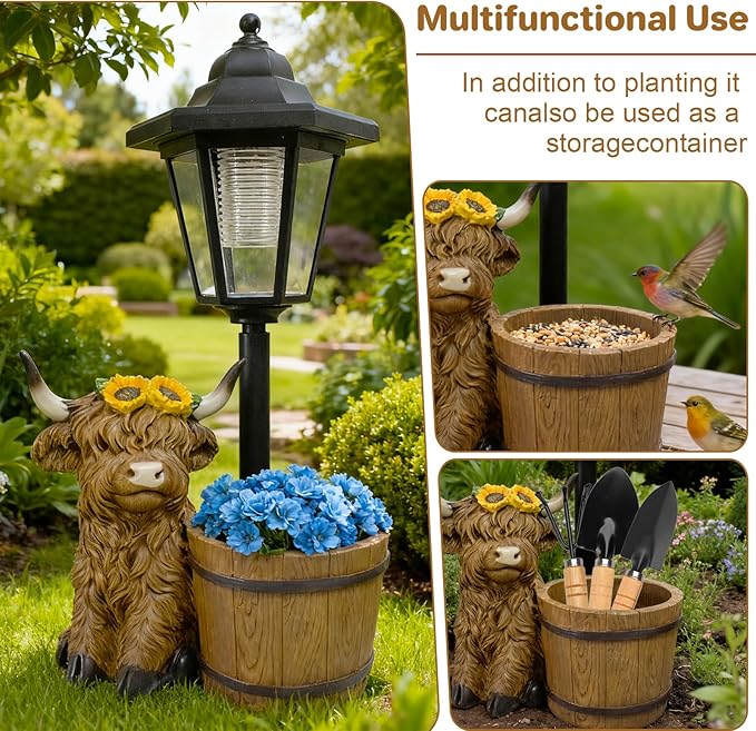 Highland Cow Garden Outdoor Statues with Solar Lights and Flowerpot Decor Animal Figurines Sculptures Resin Outdoor Statues for Patio Yard Lawn Balcony Mom Grandma Gifts