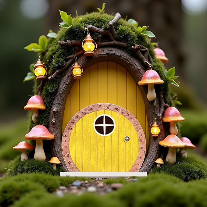 Yellow Archway Mini Fairy Garden Door for Tree, 3D Miniature Fairy Door for Fairytale Tiny House Doors, Bonsai Terrarium Micro Landscape Decoration Accessories Garden Miniatures