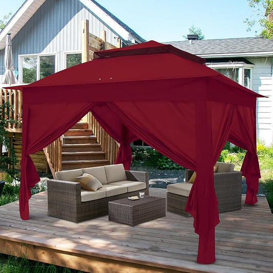 COOS BAY 11x11 Pop-up Instant Gazebo Tent with 4 Sidewalls Outdoor Canopy Shelter with Carry Bag, Stakes and Ropes, Red