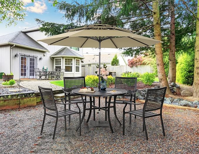 PHI VILLA 5-Piece Patio Dining Set for 4 with 10ft Umbrella, Metal Circle Table & Wrought Iron Stackable Chairs, 3-Tier Vented Beige Umbrella