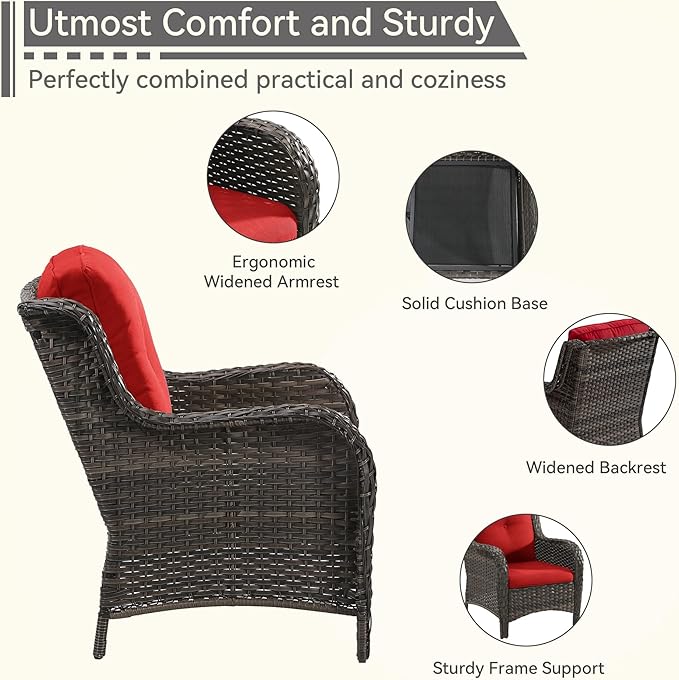 4 Pieces Patio Conversation Set, Wicker Chairs Set of 2 and Two Ottomans with 3.5-inch Seat Cushions, High Back and Curved Armrest for Backyard, Balcony and Deck, Red