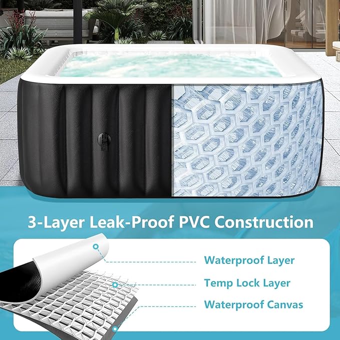 2-4 Person Inflatable Hot Tub, Large Square Portable Blow up Hot Tub, Leak-Proof PVC Outdoor Spa with 120 Air Jets, Insulated Cover and Heater Pump, 60” X 60” X 25”