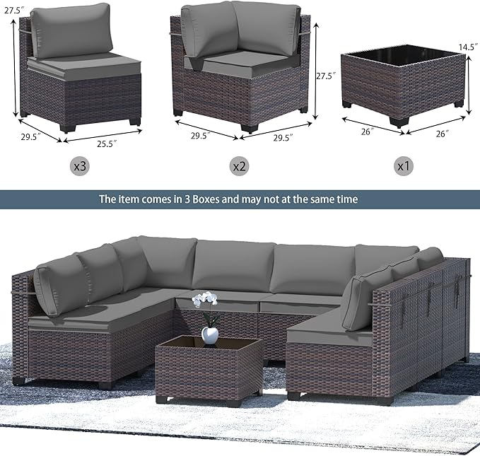 Outdoor Patio Furniture Set, 9 Pieces Outdoor Furniture All Weather Patio Sectional Sofa PE Wicker Modular Conversation Sets with Coffee Table,8 Chairs & Seat Clips(Grey)