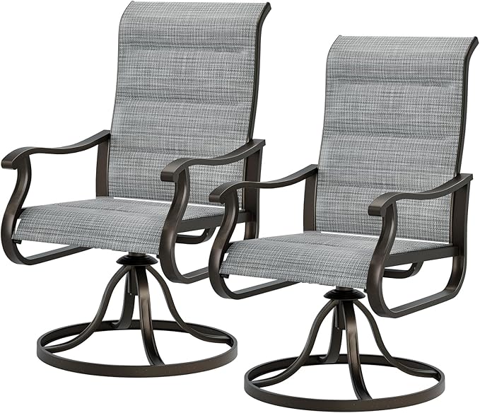 UDPATIO Patio Swivel Chairs Set of 2, Outdoor Dining Chairs High Back with Padded All Weather Breathable Textilene, Metal Rocking Frame for Backyard Lawn Garden, Grey White
