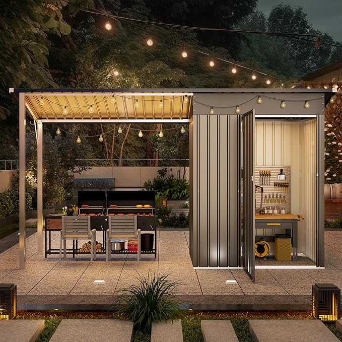 AECOJOY 10x4 Outdoor Open-Sided Storage Shed, 5x3 FT Sheds & Outdoor Storage Clearance with 5x3 Covered Porch, 30 Sq.Ft Covered, 2-in-1 Metal Small Shed with Attached Hardtop Metal Pergola Gazebo