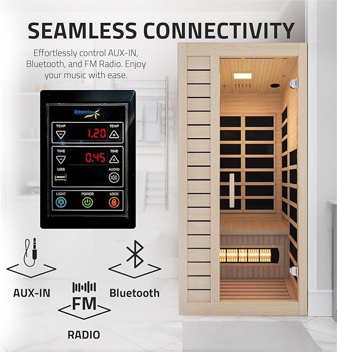 SteamSpa Home Sauna Room 1 Person Hemlock Wooden Indoor Sauna Spa - Bluetooth Speaker, FM, Oxygen bar, Heating Plate, Three Colors Lanterns, Touch Control Panel Temperature