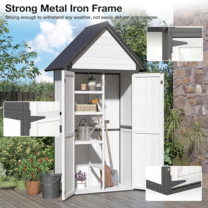 Outdoor Storage Shed with Strongest Metal Frame, Storage Cabinet with Floor, Weatherproof Tool Shed with Adjustable Shelfs, Lockable Metal Garden Shed Steel for Backyard Patio (Off-White)