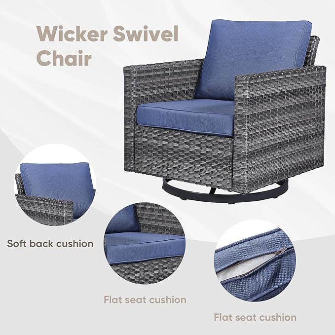 Wicker Patio Furniture Set, 6 PCS Outdoor Patio Furniture Set with Swivel Chairs, Includes 2 Swivel Patio Chairs, 1 Outdoor Couch, 1Side Table and 2 Ottoman, Grey/Blue