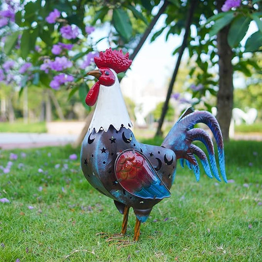 LIFFY Metal Rooster Yard Decor,18" Solar Rooster Outdoor Decor with LED Lights,Chicken Home Decorative Ornaments,Garden Statues for Outside Patio Backyard Landscape Lawn