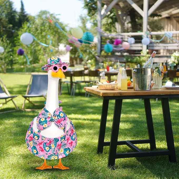Summer Goose Outfit Porch Goose Outfits Bikini Goose Clothes Hawaiian Porch Goose Clothes for 23" Cement Plastic Goose Outdoor Garden Yard Patio Decor (Pink)