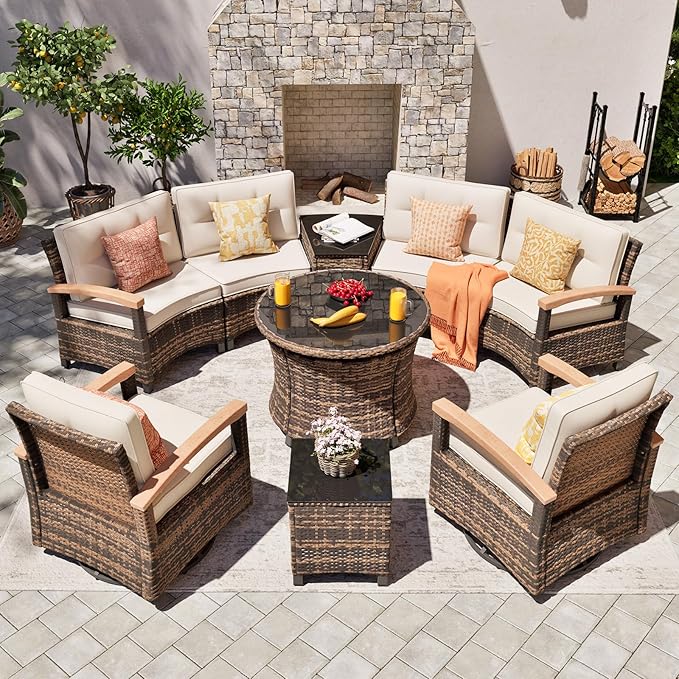 MEISSALIVVE 9 Piece Outdoor Patio Furniture Set, Half-Moon Curved Sectional Sofa Rattan Conversation Set with 2 Wood Armrests Swivel Rocker Chairs, Round Coffee Table & Side Table（Brown）