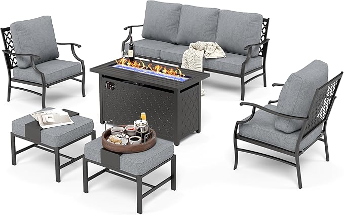 HERA'S HOUSE 6 Pieces Patio Furniture Set with Fire Pit Table, 2 x Single Chair, 2 x Ottoman, 3-Seat Sofa with 45" Fire Pit Table, Outdoor Conversation Set for Garden Poolside Backyard, Grey