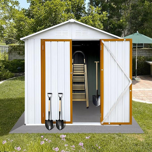 Favfurish 4x6 FT Outdoor Metal Storage Sheds with Apex Roof,Single-Storey Waterproof Roofed Structure Garden Shed w/Lockable Doors,for Lawn Equipment Tool Sundries,White+Yellow
