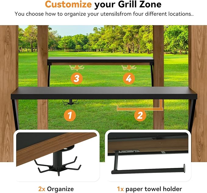 Modern Shade Grill Gazebo 6' X 8', Cedar Wood Gazebo with Shelves and Paper Towel Holder, Patio Pavilion with Galvanized Steel Roof, USB and USB-C Charging Ports for Patio Backyard