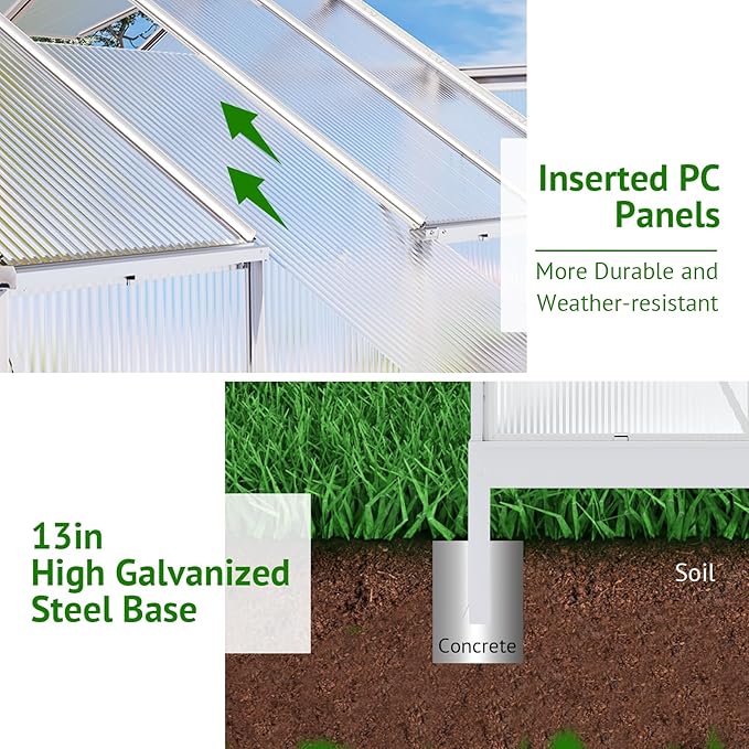 10x6ft Polycarbonate Greenhouse, Heavy Duty Walk-in Aluminum Greenhouse for Outdoors, with Ventilation Window, Sliding Door, Rain Gutter, Green House for Plants Backyard Silver