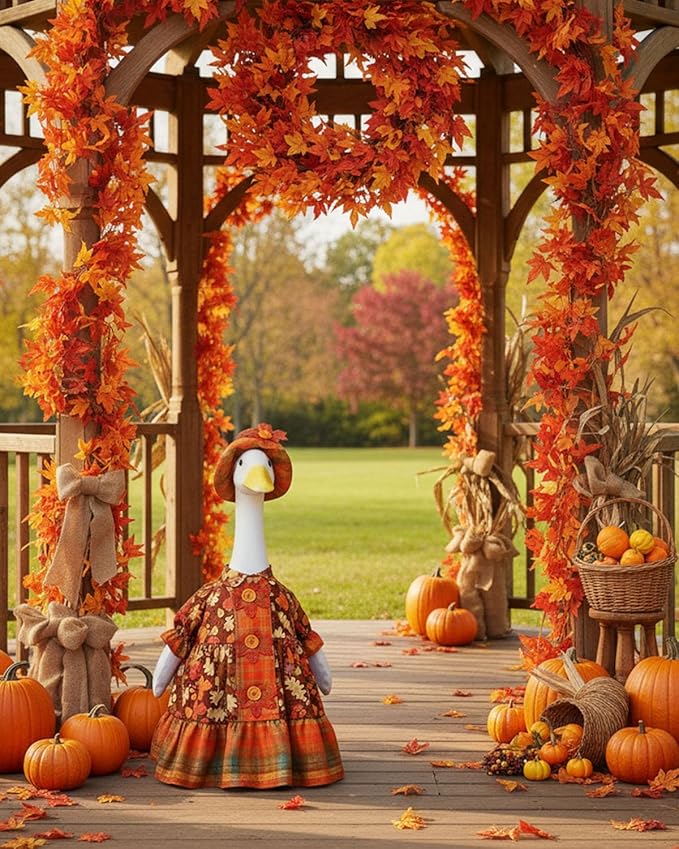 Fall Porch Goose Outfits with Maple Leaf Design, 2 Pcs/Set Lawn Cement Goose Clothes for Thanksgiving Day, 23" Patio Yard Garden Geese Decoration