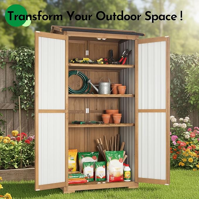 Large Outdoor Storage Cabinet, Wood Outdoor Storage Shed with Three Adjustable Shelves, Lockable Doors, Waterproof Roof, Outdoor Cabinets Garden Tool Shed, Brown, 38''x20.5''x69''