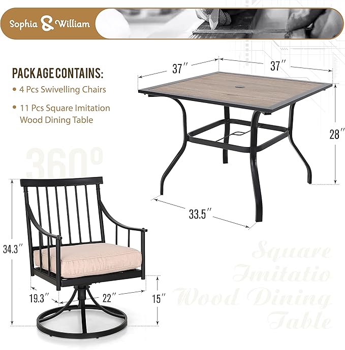 Sophia & William 5 Pieces Patio Furniture Set for 4 People, Metal Patio Outdoor Dining Set with Imitation Wood Patio Table and Swivel Chairs, Conversation Bistro Set for Garden, Yard, Poolside