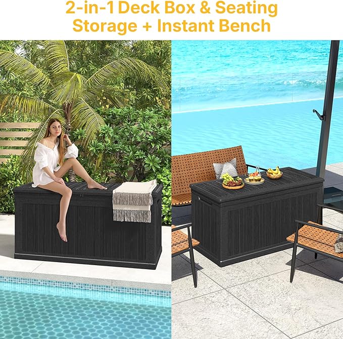260 Gallon Deck Box Extra Large, Outdoor Storage Box Lockable, Patio Storage Box Waterproof and UV Resistant, 440lbs Load Capacity for Garden, Patio, Pool (Black)