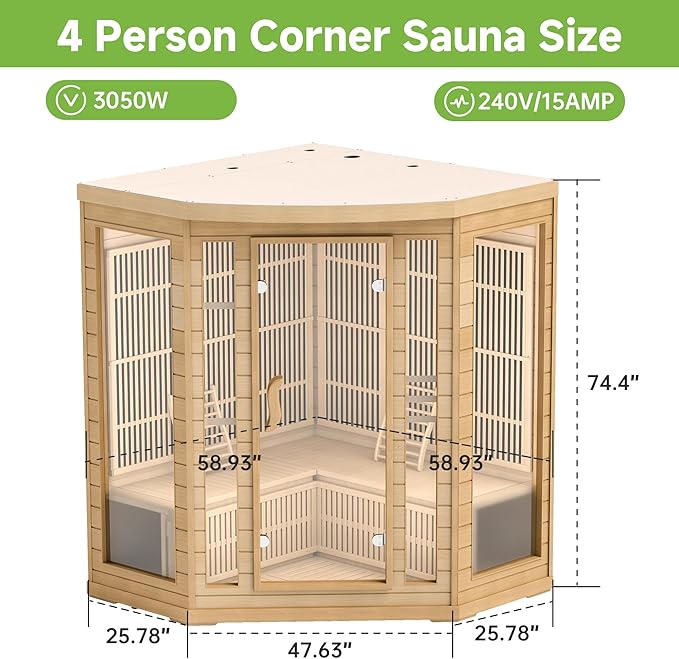 Infrared Sauna Room for Home, 4 Person Indoor Home Sauna Spa, Far Infrared Canadian Wooden Corner Saunas with 10 Low Emf Heaters, Bluetooth Speakers, 7 Color Chromotherapy Lights