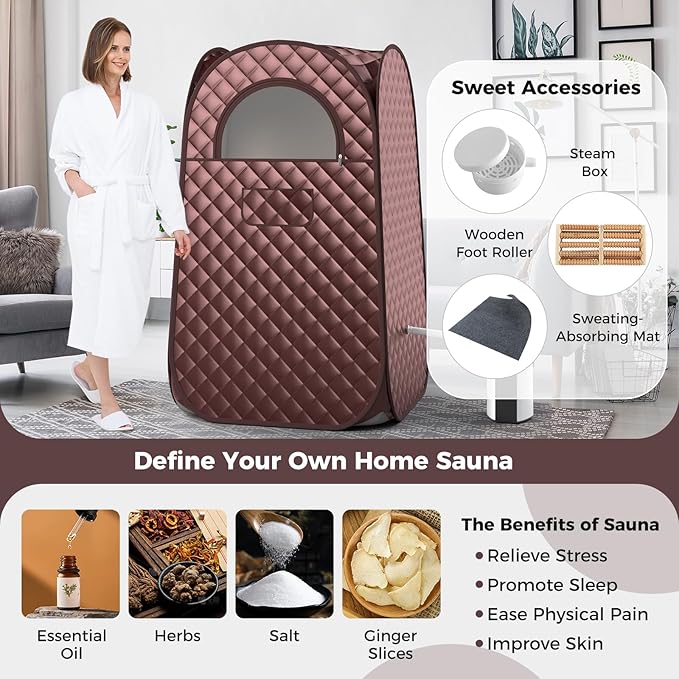 Giantex Portable Sauna, Full Body Steam Sauna w/ 3L Steam Box, Remote Control, Wood Foot Roller & Foldable Chair, Pop-Up Sauna Box for Single Person, Lightweight Personal Sauna Tent for Home (Coffee)