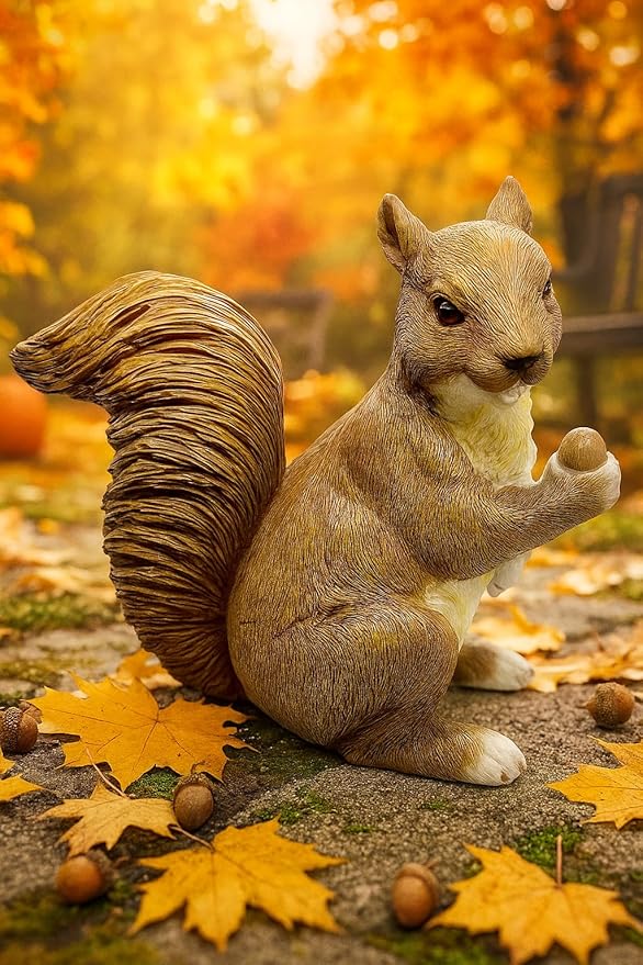Garden Decor Polyresin Squirrel Statue with Acorn Statue - Charming Outdoor Decoration Ornament for Patio, Lawn, or Yard - Ideal for Garden Decor Enthusiasts and Nature Lovers