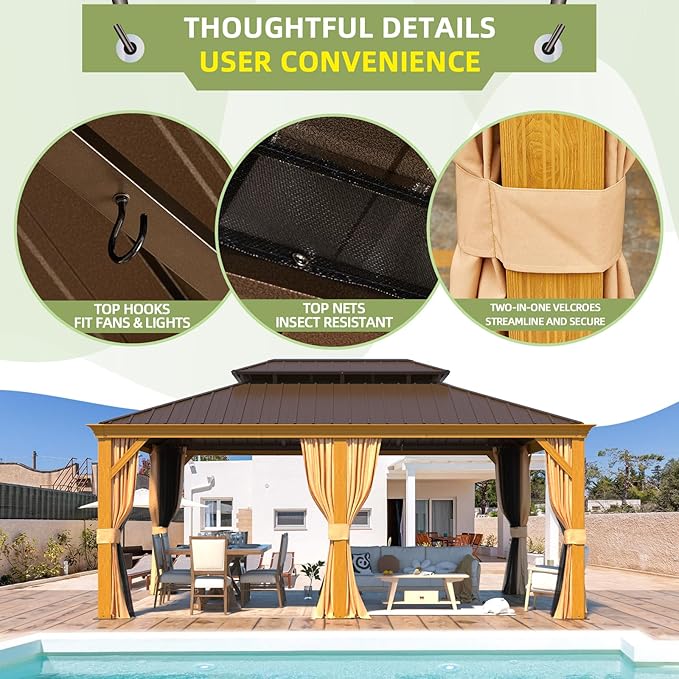 EROMMY 12'x18' Hardtop Gazebo, Galvanized Steel Double Roof with Wood Grain Aluminum Frame, Outdoor Permanent Metal Pavilion with Curtains and Nettings for Patio, Backyard and Deck