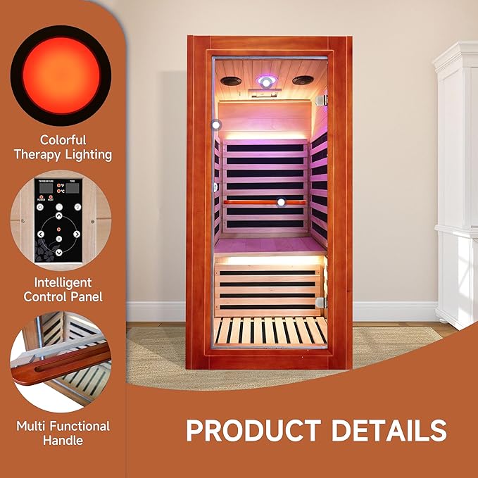Far Infrared Sauna for Home Indoor Sauna Wooden Dry Saunas for 1 Person 1020W 110V with Control Panel, Bluetooth Speaker, Reading Lamp