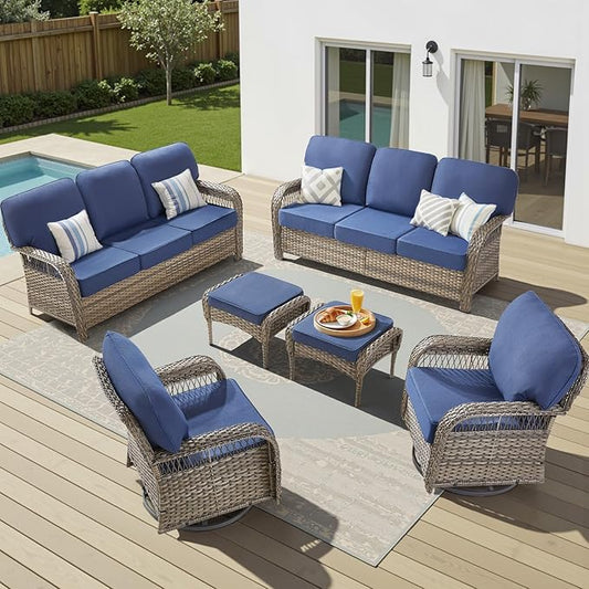 6 Pieces Patio Furniture Set Outdoor Sectional Sofa Couch with Rocking Swivel Chairs 5" Deep Seat Chairs, 2 Sofa Sets Modern Wicker Rattan Conversation Set, Blue/Gray Wicker
