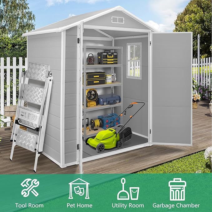 Seizeen 6x4.4ft Resin Shed with Floor, Waterproof Outdoor Plastic Shed w/Lockable Doors, Window & Vents, Outdoor Storage Shed for Storing Lawn Mower, Patio Furniture, Tools, Bike (Light Gray)