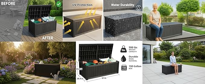 BTEXPERT 150 Gallon Outdoor Storage Container Deck Box with Metal Support Rods for Patio Furniture Garden Tools Waterproof Lockable UV Resistant Resin Set of 2