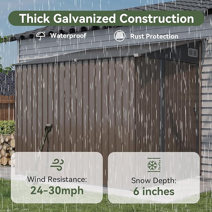 7'x5.5' Lean to Shed Large Storage Room Galvanized Steel Storage Sheds with Side Door Waterproof Utility Shed with Sloped Roof for Mower, Bike, Garden Tools (Brown)