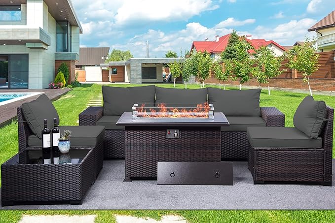 Outdoor Patio Furniture Set with Propane Fire Pit Table, 7 Pieces Outdoor Furniture Patio Sectional Sofa Conversation Sets w/ETL Approved 43" Gas Outdoor Fire Table & Coffee Table (Grey)