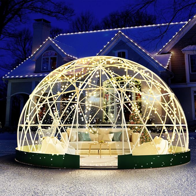 12FT Garden Dome Tent, Geodesic Dome Greenhouse with PVC Clear Cover, Waterproof Garden Bubble Dome Tent House with 2 x 10M Light Strings for Outdoor, Patio, Backyard, Party (Green Edge, 10FT/3M)
