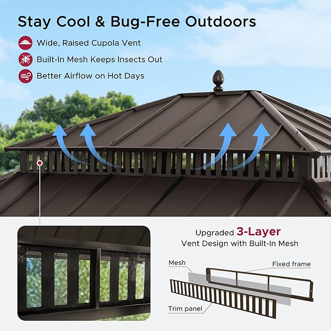 SUNJOY Kingston 14' x 12' Hardtop Gazebo with Galvanized Steel Double Roof, Curtain and Netting, Brown Aluminum Posts Permanent Pavilion Gazebo for Garden, Patio, Deck, Lawn