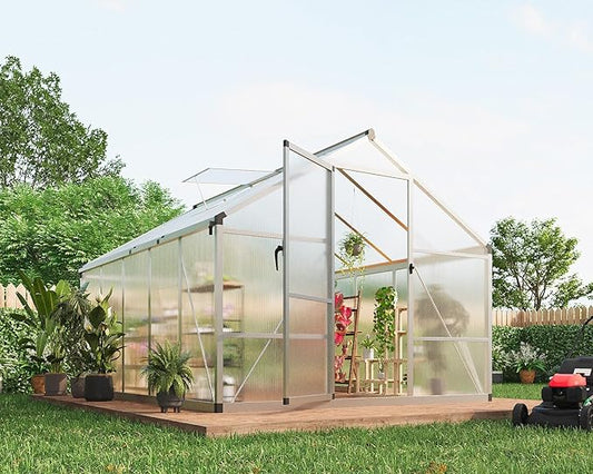 8x10 ft Greenhouse for Outdoors, Polycarbonate Greenhouse with Roof Vent, Ground Nails, Lockable Push Door, Aluminum Large Walk-in Green House for Outside Garden Backyard, Patio, Lawn, Silver