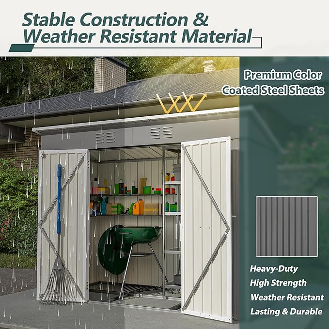 4X8 FT Outdoor Storage Shed W/Floor Base,Metal Shed W/Lockable Door & 2 Air Vents,All Weather Garden Tool House W/Updated Frame Structure,for Backyard Patio Lawn,Gray