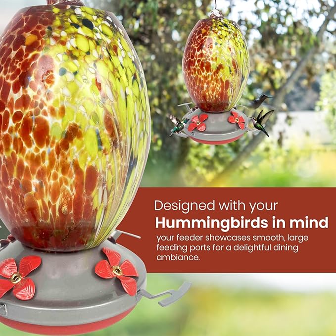 Nature Gear Hummingbird Feeder, Hanging-Mount Glass Hummingbird Feeders for Outdoors, Hand-Blown Glass Feeder with Ant Moat for Garden Hummingbirds, Easy to Clean & Rust Resistant, Volcano Red