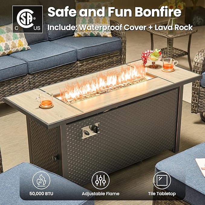 ovios 10 Pieces Patio Furniture Set, Outdoor Wicker Sofa Couch with Swivel Chairs 54" Fire Pit Table, High Back All Weather Modern Conversation Sets, Grey Rattan, Denim Blue