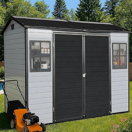 8x4ft Resin Outdoor Storage Shed with Floor and 2 Windows, Plastic Sheds & Outdoor Storage Clearance for GardenTools, Patio Furniture, Bike Accessories and Lawn Mower, Black+Grey