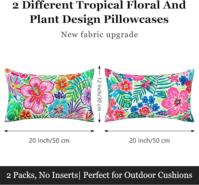 Outdoor Pillow Covers 12x20 Inch Set of 2 Tropical Floral Plants Boho Throw Pillows Cases Waterproof Lumbar Garden Cushion Sham for Patio Funiture Tent Balcony Bench Sofa Couch