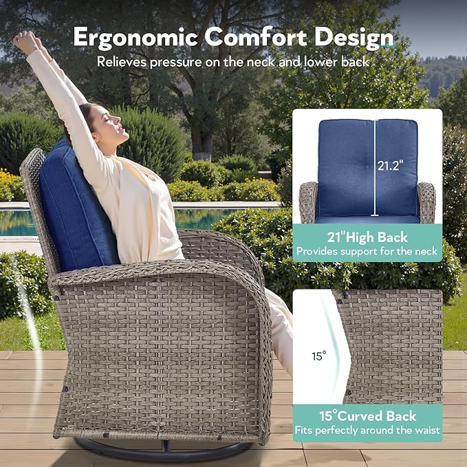 6 Piece Patio Furniture Set - Wicker Patio Conversation Set with Swivel Glider, 3-Seater Sofa, Tempered Glass Side Table and 2 Ottomans for Deck Backyard - Grey Wicker Blue Cushion