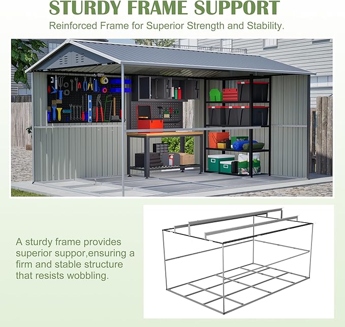 8x12 FT Shed Outdoor Storage Metal Large Garden Tool Sheds with Lockable Doors Floor Frame Gable Roof Waterproof Steel Utility Equipment Sheds for Backyard Patio Lawn Poolside, Grey