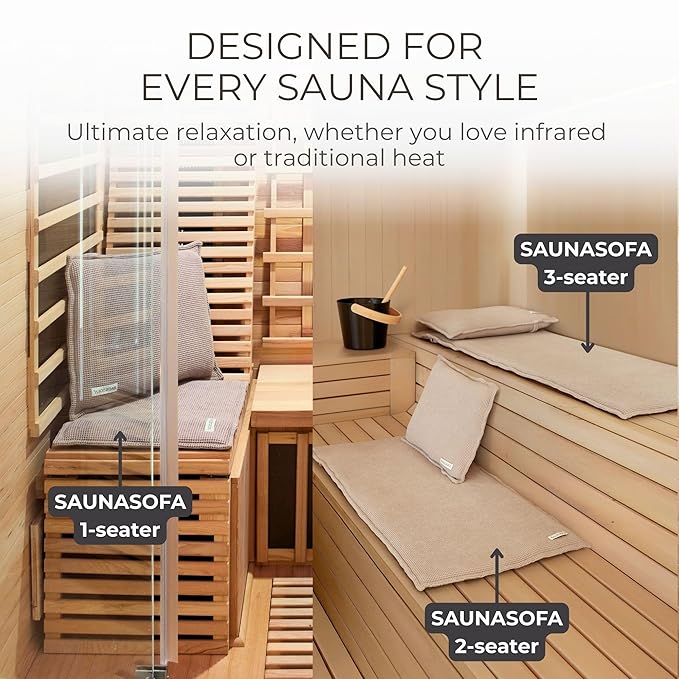 SAUNASOFA™ Sauna Mat & Pillow Set – 3 seater sauna seat cushion and pillow for indoor and outdoor infrared or finnish sauna – luxury sauna gift in taupe