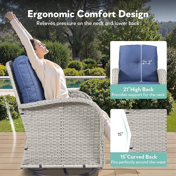 5 Piece Patio Furniture Set - Wicker Patio Conversation Set with Swivel Glider, Loveseat Bench, Tempered Glass Side Table and Coffee Table for Deck Backyard - Light Beige Wicker Blue Cushion
