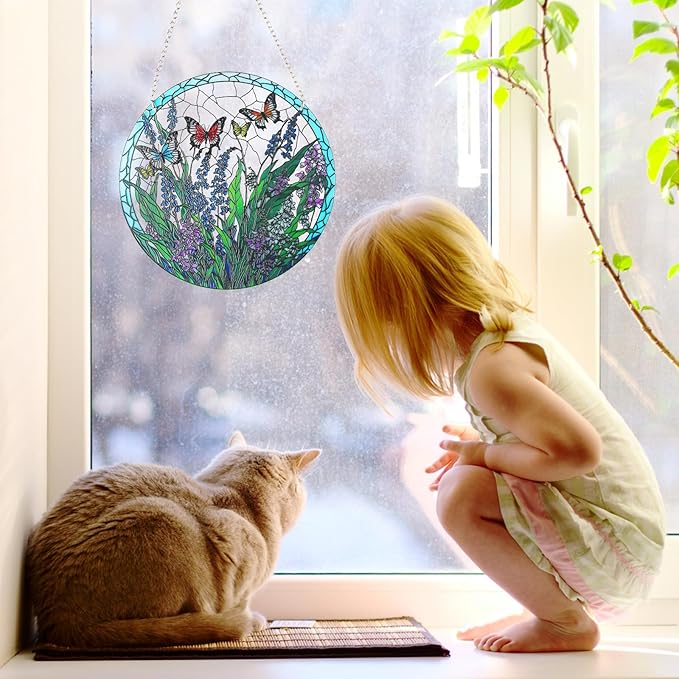 Stained Glass Window Hanging, Hand-Painted Butterfly and Flowers Suncatcher, 6 Inch Round Glass Panel Indoor Window Art, Home and Garden Decor, Mother’s Day